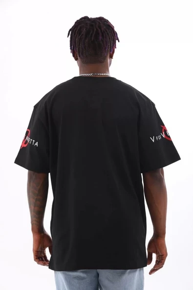 Unisex Oversize Baskılı Bisiklet Yaka T-Shirt - Siyah - Resim 4