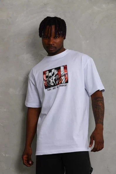 Unisex Oversize Baskılı Bisiklet Yaka T-Shirt - Beyaz - Resim 2