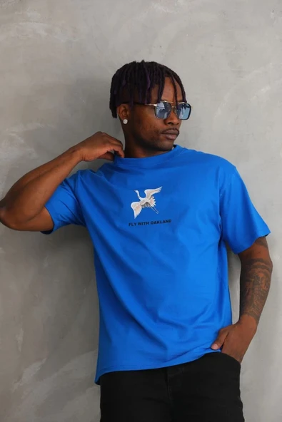 Unisex Baskılı Oversize T-Shirt - Mavi - Resim 5