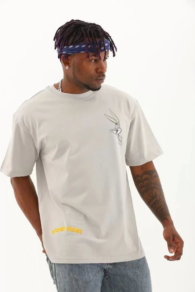 Unisex Oversize Baskılı Bisiklet Yaka T-Shirt - Gri - Resim 2