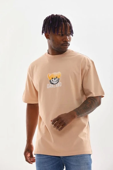 Unisex Baskılı Oversize T-Shirt - Bej - Resim 3