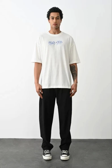 Unisex Baskılı Oversize T-Shirt - Beyaz - Resim 3