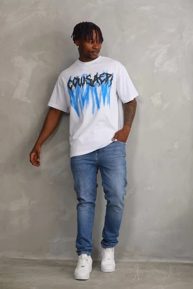 Unisex Baskılı Oversize T-Shirt - Beyaz - Resim 6