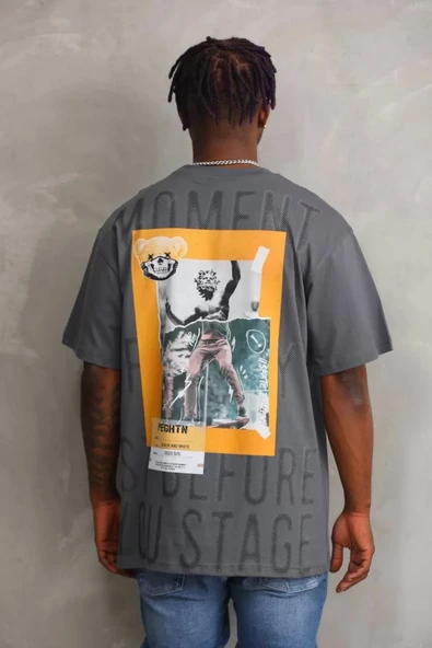 Unisex Baskılı Oversize T-Shirt - Füme - Resim 2