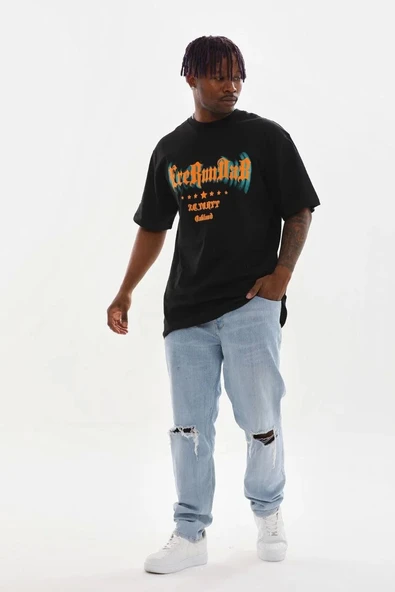Unisex Baskılı Oversize T-Shirt - Siyah - Resim 4