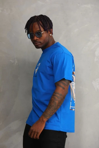 Unisex Baskılı Oversize T-Shirt - Mavi - Resim 7