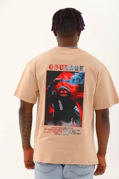 Unisex Oversize Baskılı Bisiklet Yaka T-Shirt - Bej - Resim 4