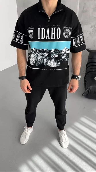 Unisex Baskılı Yarım Fermuarlı T-Shirt - Siyah ürün görseli