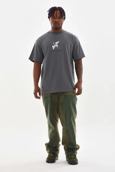 Unisex Baskılı Oversize T-Shirt - Füme - 4