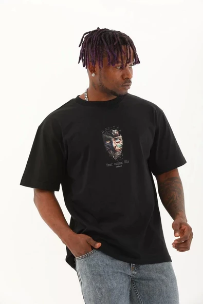 Unisex Oversize Baskılı Bisiklet Yaka T-Shirt - Siyah - Resim 2