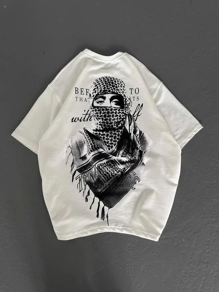 Unisex Baskılı Oversize T-Shirt - Beyaz - Resim 7