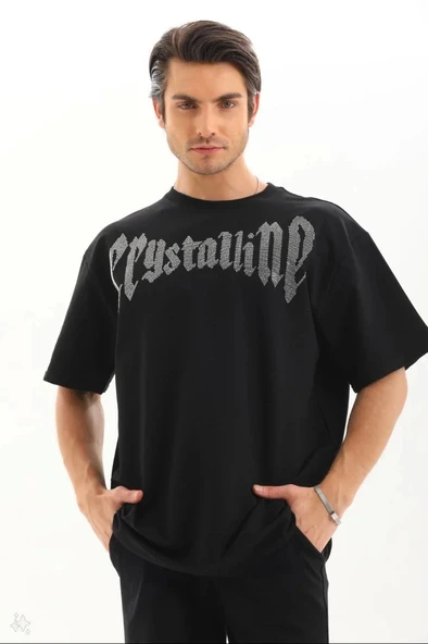 Unisex Oversize Taşlı T-Shirt - Siyah - Resim 2