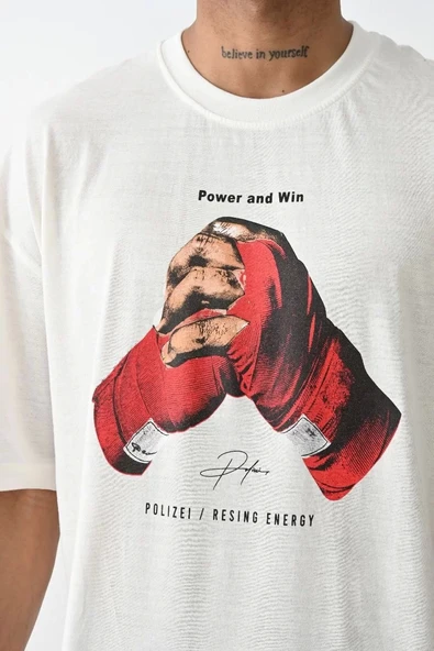 Unisex Baskılı Oversize T-Shirt - Beyaz ürün görseli