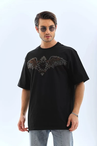 Unisex Oversize Taşlı Bisiklet Yaka T-Shirt - Siyah - Resim 6