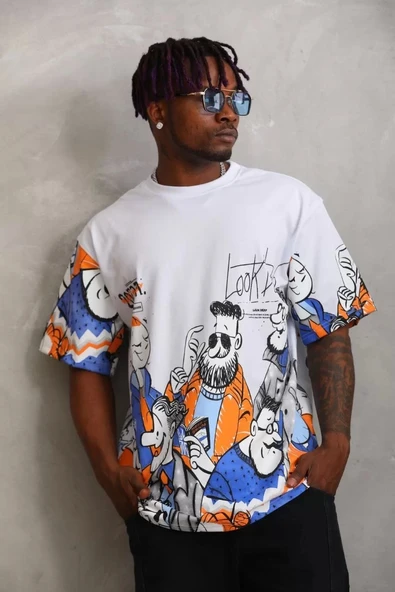 Unisex Oversize Baskılı Bisiklet Yaka T-Shirt - Beyaz - Resim 5