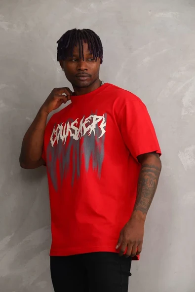 Unisex Baskılı Oversize T-Shirt - Kırmızı ürün görseli