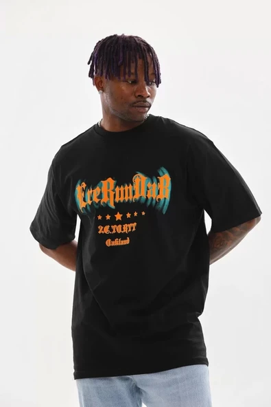 Unisex Baskılı Oversize T-Shirt - Siyah - Resim 3