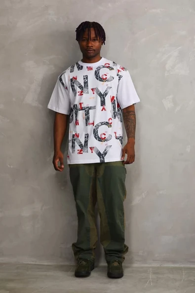 Unisex Baskılı Oversize T-Shirt - Beyaz - Resim 5