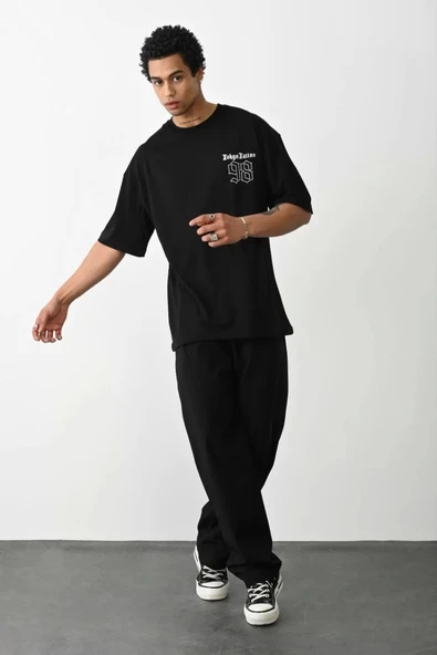 Unisex Baskılı Oversize T-Shirt - Siyah - Resim 3
