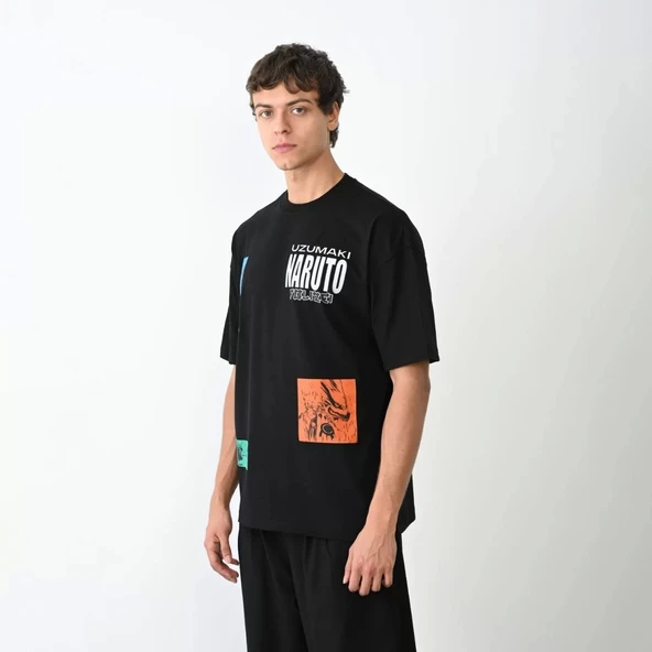 Unisex Bisiklet Yaka Baskılı Oversize T-Shirt - Siyah - Resim 2