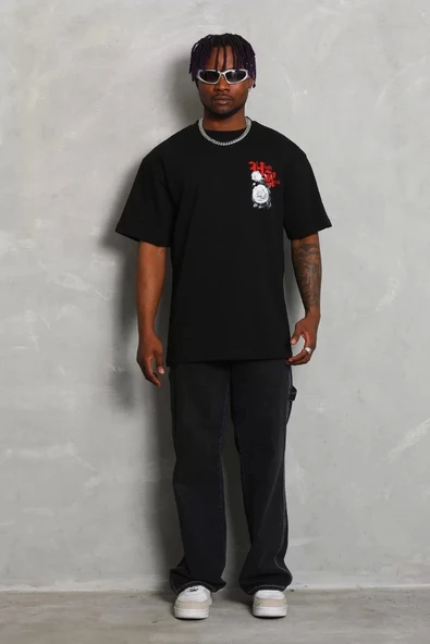 Unisex Oversize Baskılı Bisiklet Yaka T-Shirt - Siyah - Resim 7