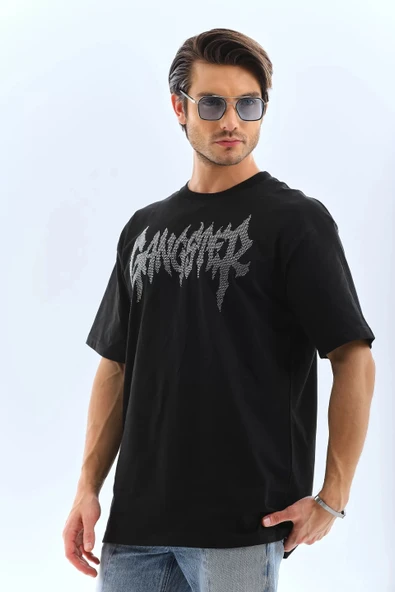 Unisex Oversize Taşlı Bisiklet Yaka T-Shirt - Siyah - Resim 4