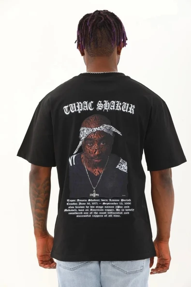 Unisex Oversize Baskılı Bisiklet Yaka T-Shirt - Siyah - Resim 5