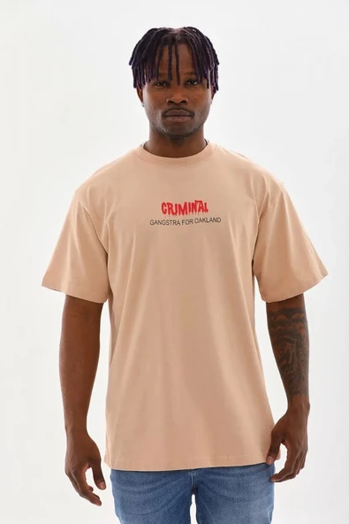 Unisex Baskılı Oversize T-Shirt - Bej ürün görseli