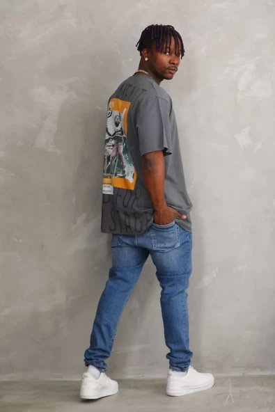 Unisex Baskılı Oversize T-Shirt - Füme - Resim 4