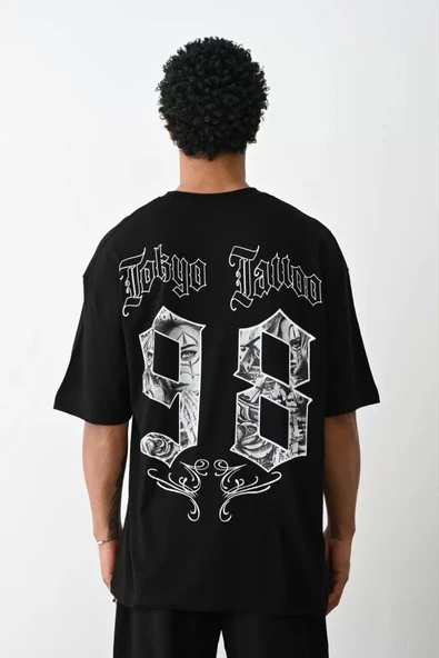 Unisex Baskılı Oversize T-Shirt - Siyah ürün görseli