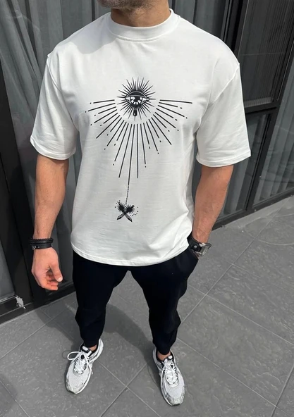 Unisex Bisiklet Yaka Baskılı Oversize T-Shirt - Beyaz ürün görseli