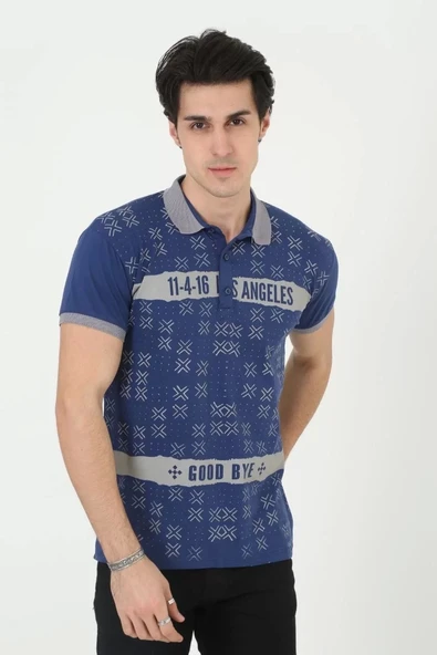 Erkek Yakalı Slim Fit Baskılı T-Shirt - Mavi ürün görseli