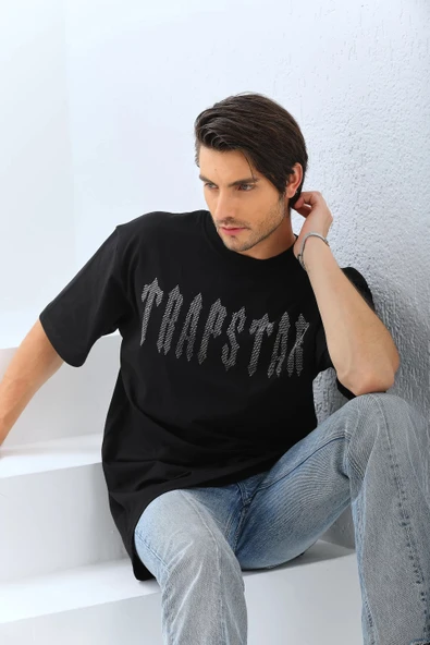 Unisex Oversize Taşlı Bisiklet Yaka T-Shirt - Siyah - Resim 7