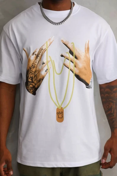 Unisex Baskılı Oversize T-Shirt - Beyaz ürün görseli