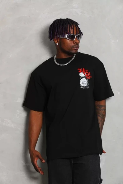 Unisex Oversize Baskılı Bisiklet Yaka T-Shirt - Siyah ürün görseli