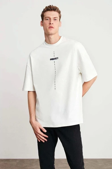 Unisex Baskılı Oversize T-Shirt - Beyaz ürün görseli