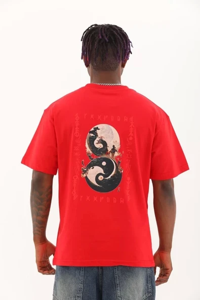 Unisex Oversize Baskılı Bisiklet Yaka T-Shirt - Kırmızı - Resim 5