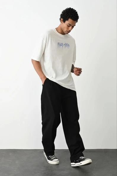 Unisex Baskılı Oversize T-Shirt - Beyaz - Resim 5