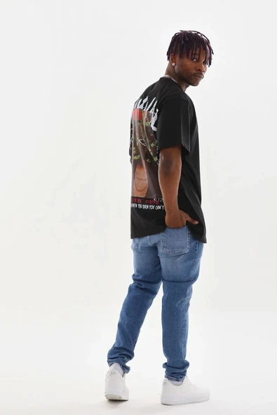 Unisex Baskılı Oversize T-Shirt - Siyah - Resim 5