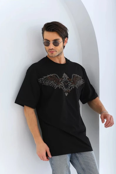 Unisex Oversize Taşlı Bisiklet Yaka T-Shirt - Siyah - Resim 7