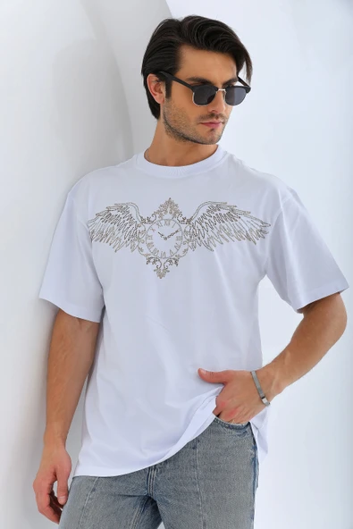 Unisex Oversize Taşlı Bisiklet Yaka T-Shirt - Beyaz - Resim 8