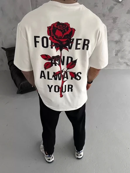 Unisex Bisiklet Yaka Baskılı Oversize T-Shirt - Beyaz - Resim 3