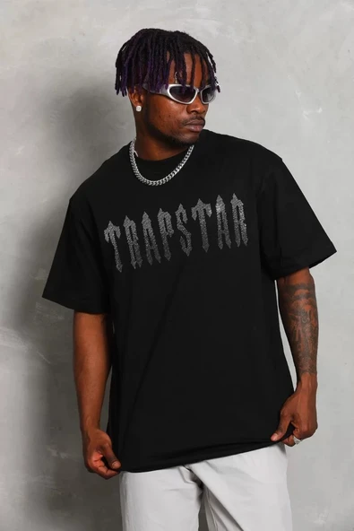 Unisex Oversize Taşlı Bisiklet Yaka T-Shirt - Siyah - Resim 3