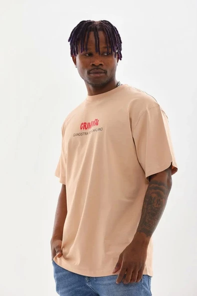 Unisex Baskılı Oversize T-Shirt - Bej - Resim 6