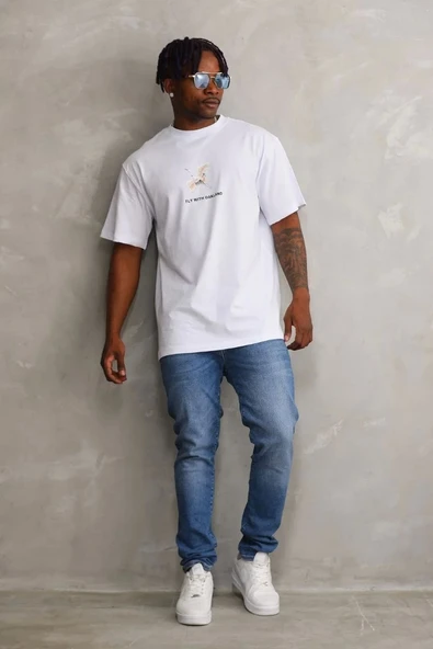 Unisex Baskılı Oversize T-Shirt - Beyaz - Resim 3