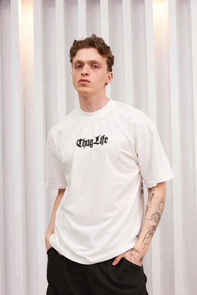 Unisex Bisiklet Yaka Baskılı Oversize T-Shirt - Beyaz ürün görseli