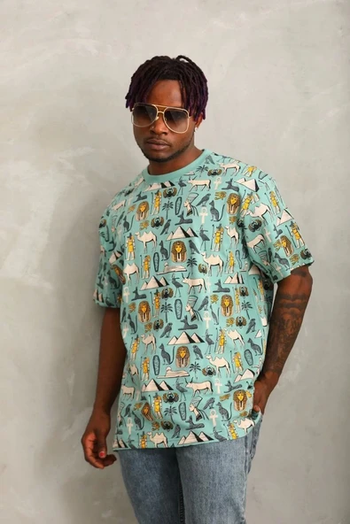 Unisex Oversize Baskılı Bisiklet Yaka T-Shirt - Mint Yeşili - Resim 4