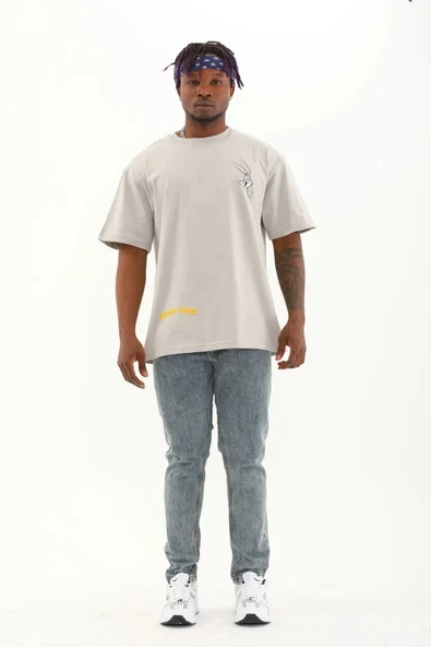 Unisex Oversize Baskılı Bisiklet Yaka T-Shirt - Gri - Resim 4