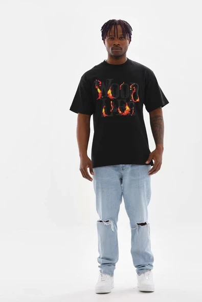 Unisex Baskılı Oversize T-Shirt - Siyah - Resim 4