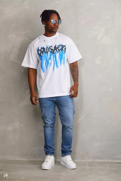 Unisex Oversize Kolye Dahil T-Shirt - Beyaz - 7